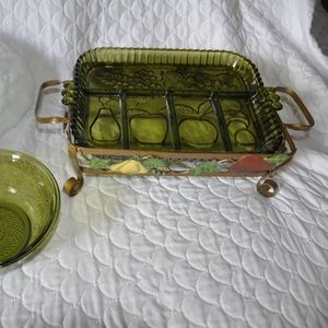 Vintage green divided dish with carrier